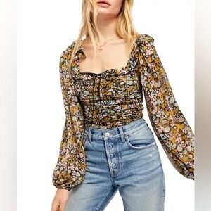 Free People Mabel Balloon-Sleeve floral Top S
